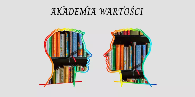 infografika dwie twarze wypełnione książkami patrzące na siebie i napis akademia wartości